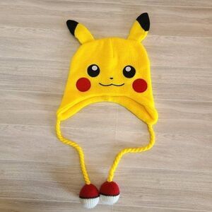 Pikachu Knit Hat Yellow Pokémon Beanie w/ Poké Ball Tassels Cosplay Ear Flap